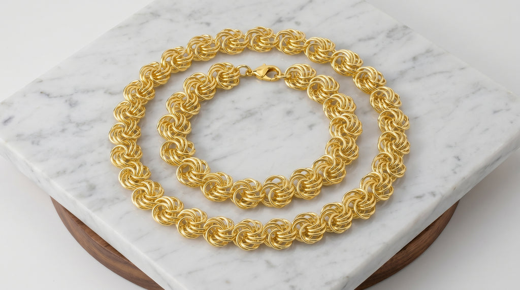 Parure Collier & Bracelet Chaîne Macaron — Plaqué Or 18 Carats