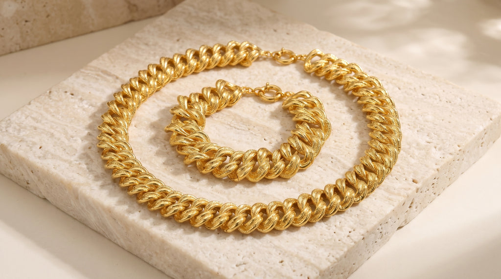 Parure Collier & Bracelet Maille Américaine — Plaqué Or 18 Carats